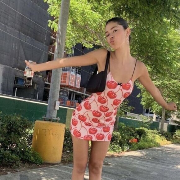 Deadstock, sold out OMIGHTY cherry print bodycon stretch dress - Picture 1 of 17